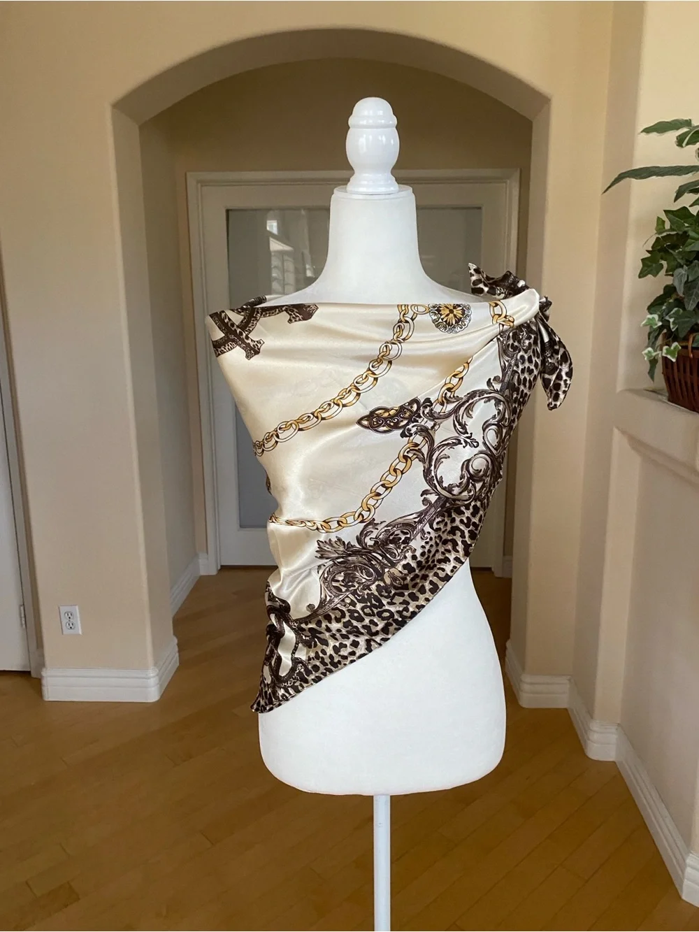 Cream Brown Gold Chain Medallion Print Scarf Wrap Top